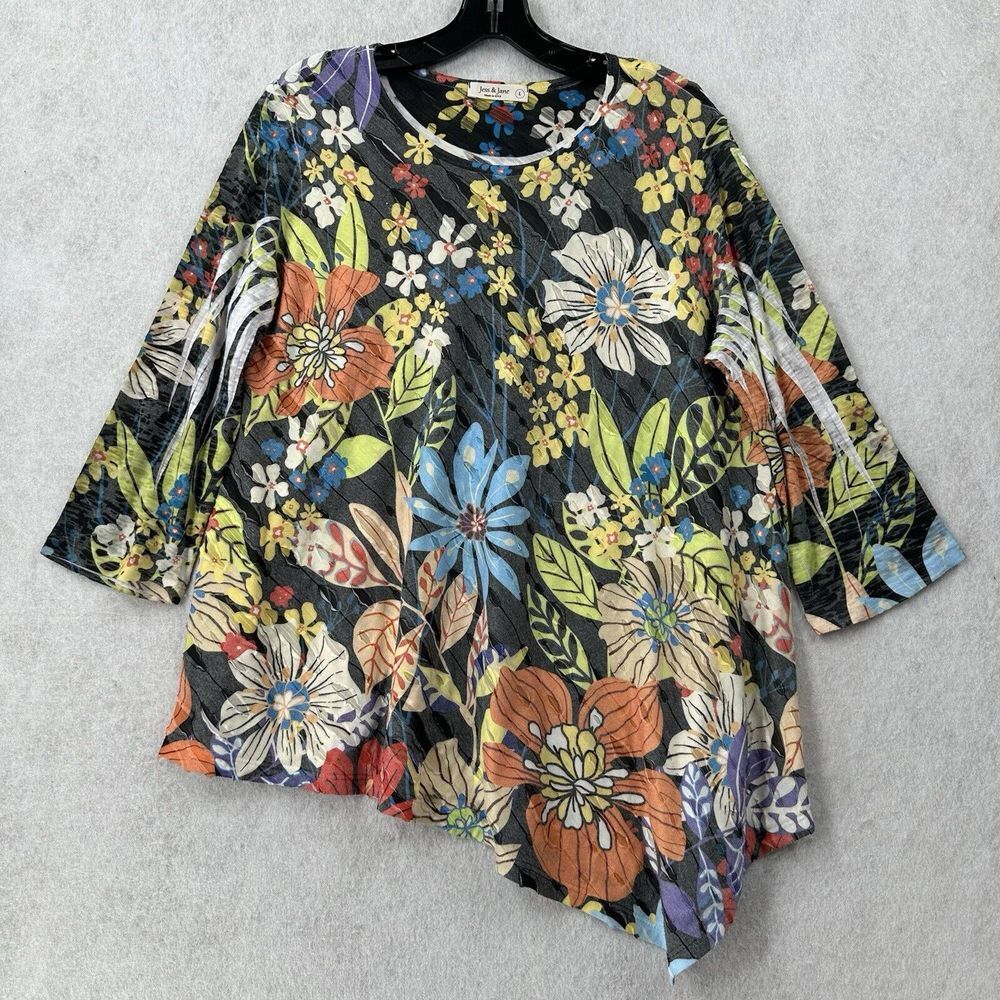 Jess & Jane  Tunic Top LARGE Abstract Boho Art To Wear Asymmetrical Floral‎